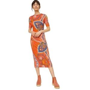 NWT- SM Anthropologie Farm Rio Giannina Knit Midi Dress Red Orange Print Vibrant
